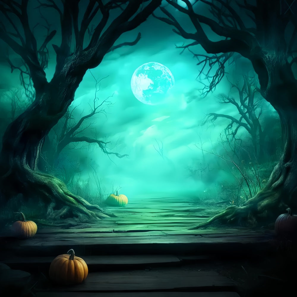 Toile De Fond Halloween Forêt Hantée Sentier Brumeux Citrouilles LXX59-137