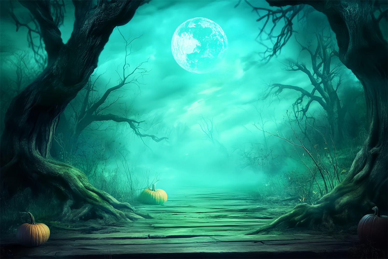 Toile De Fond Halloween Forêt Hantée Sentier Brumeux Citrouilles LXX59-137