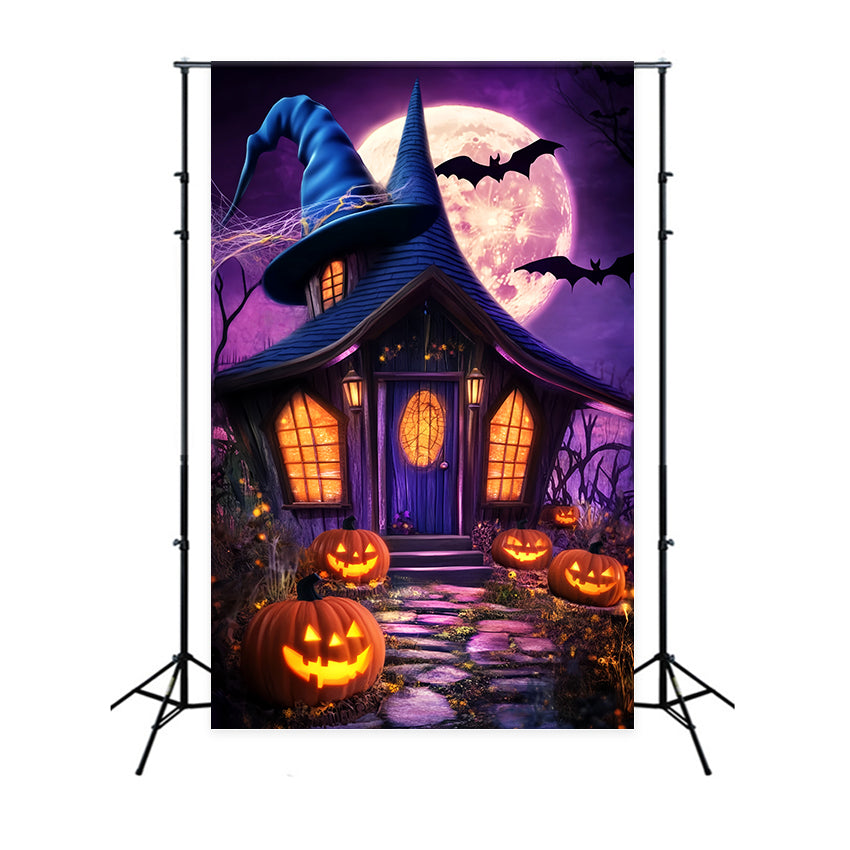 Toile De Fond Halloween Forêt Hantée Chapeau De Sorcière Cottage Citrouilles Lanternes LXX59-138