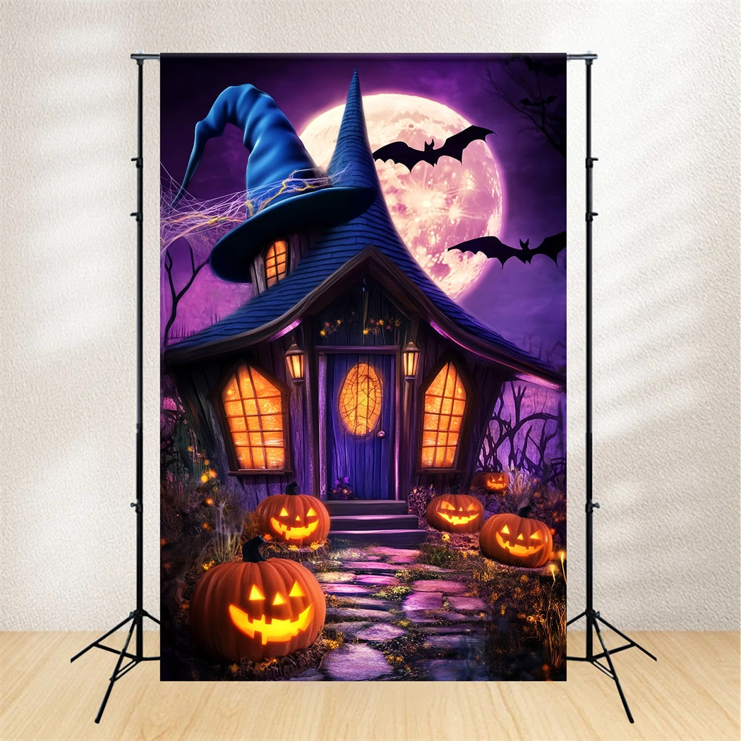 Toile De Fond Halloween Forêt Hantée Chapeau De Sorcière Cottage Citrouilles Lanternes LXX59-138