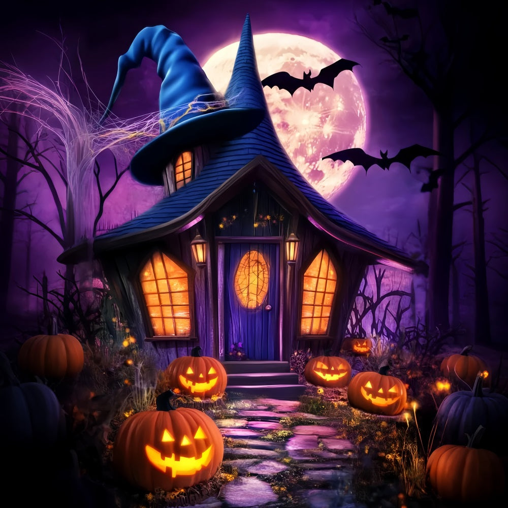 Toile De Fond Halloween Forêt Hantée Chapeau De Sorcière Cottage Citrouilles Lanternes LXX59-138