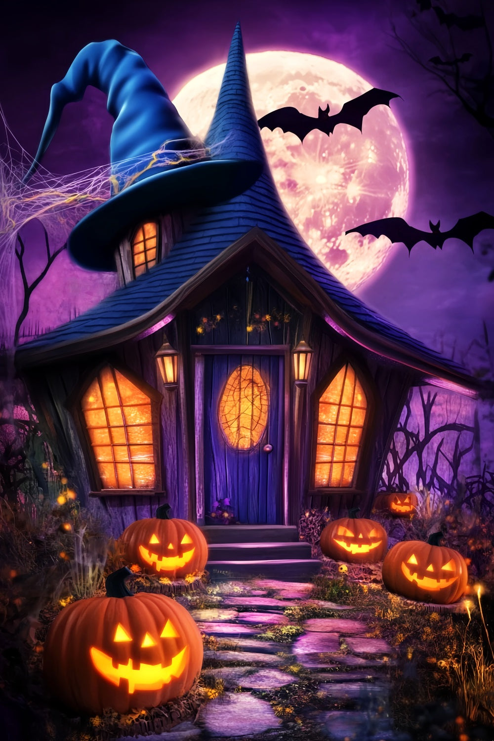 Toile De Fond Halloween Forêt Hantée Chapeau De Sorcière Cottage Citrouilles Lanternes LXX59-138