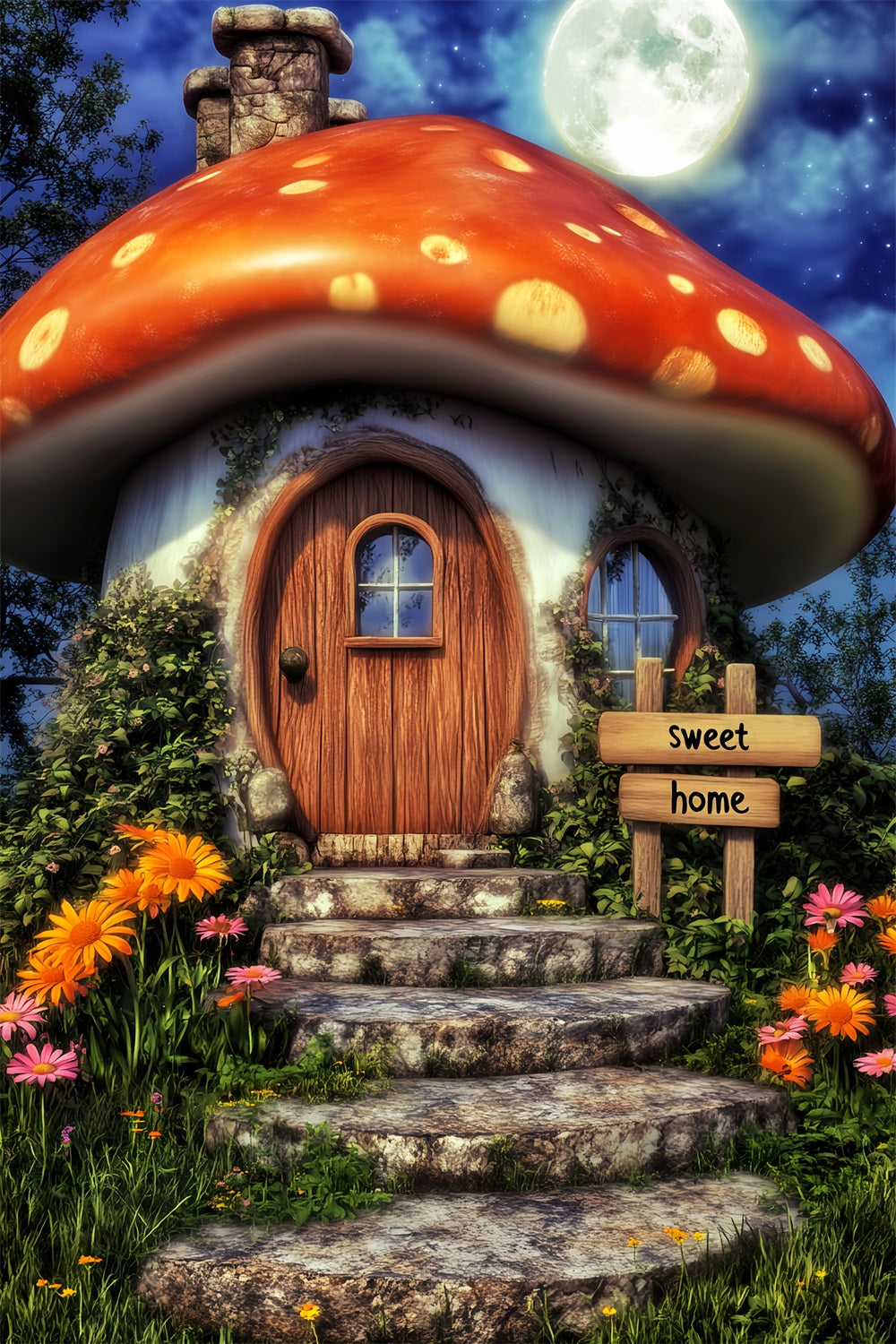Toile De Fond Halloween Forêt Hantée Maison Champignon Fantaisiste Lune LXX59-139