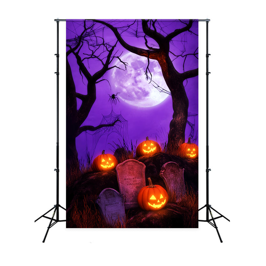 Toile De Fond Halloween Forêt Hantée Citrouilles Lanternes Cimetière Lune LXX59-140