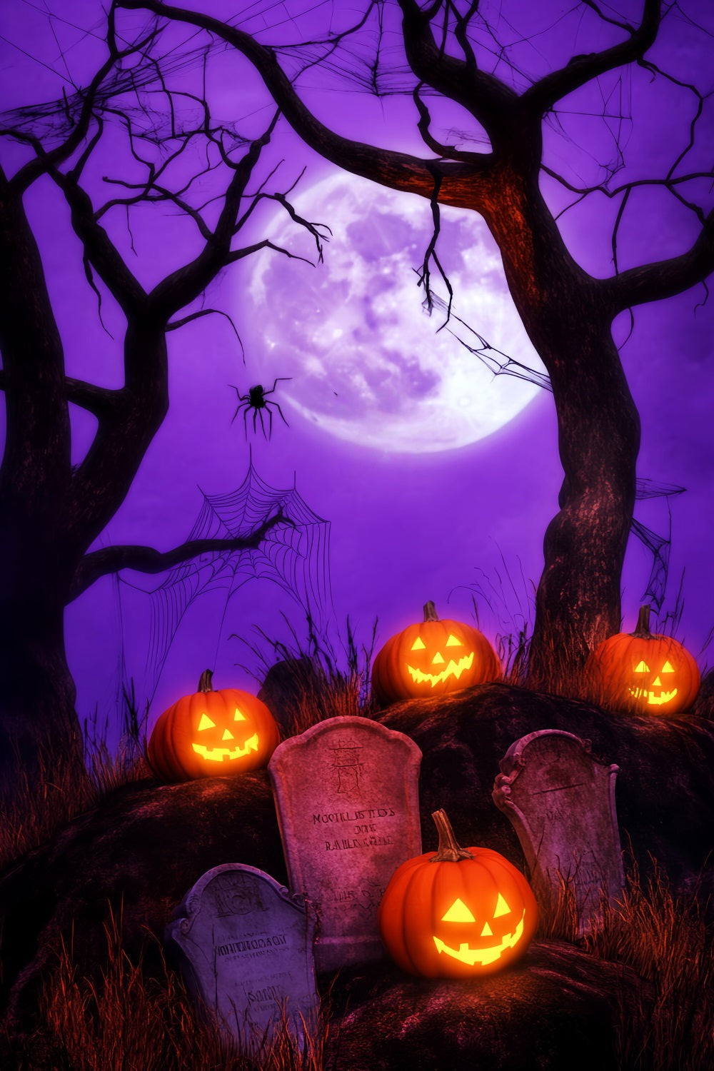 Toile De Fond Halloween Forêt Hantée Citrouilles Lanternes Cimetière Lune LXX59-140