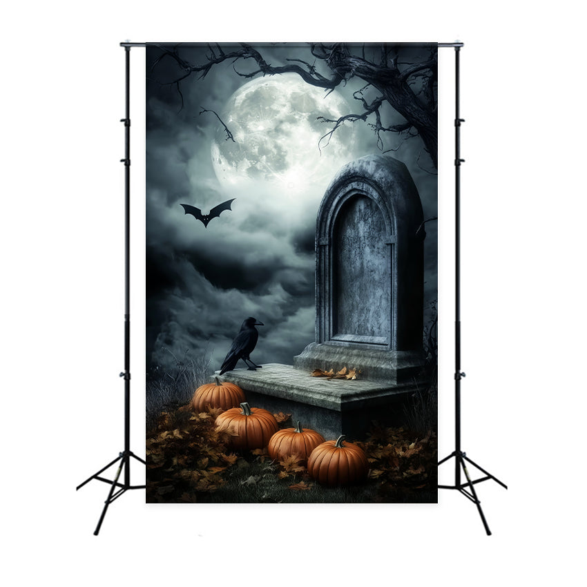 Toile De Fond Halloween Cimetière Tombe Lune Citrouilles Corbeau LXX59-156