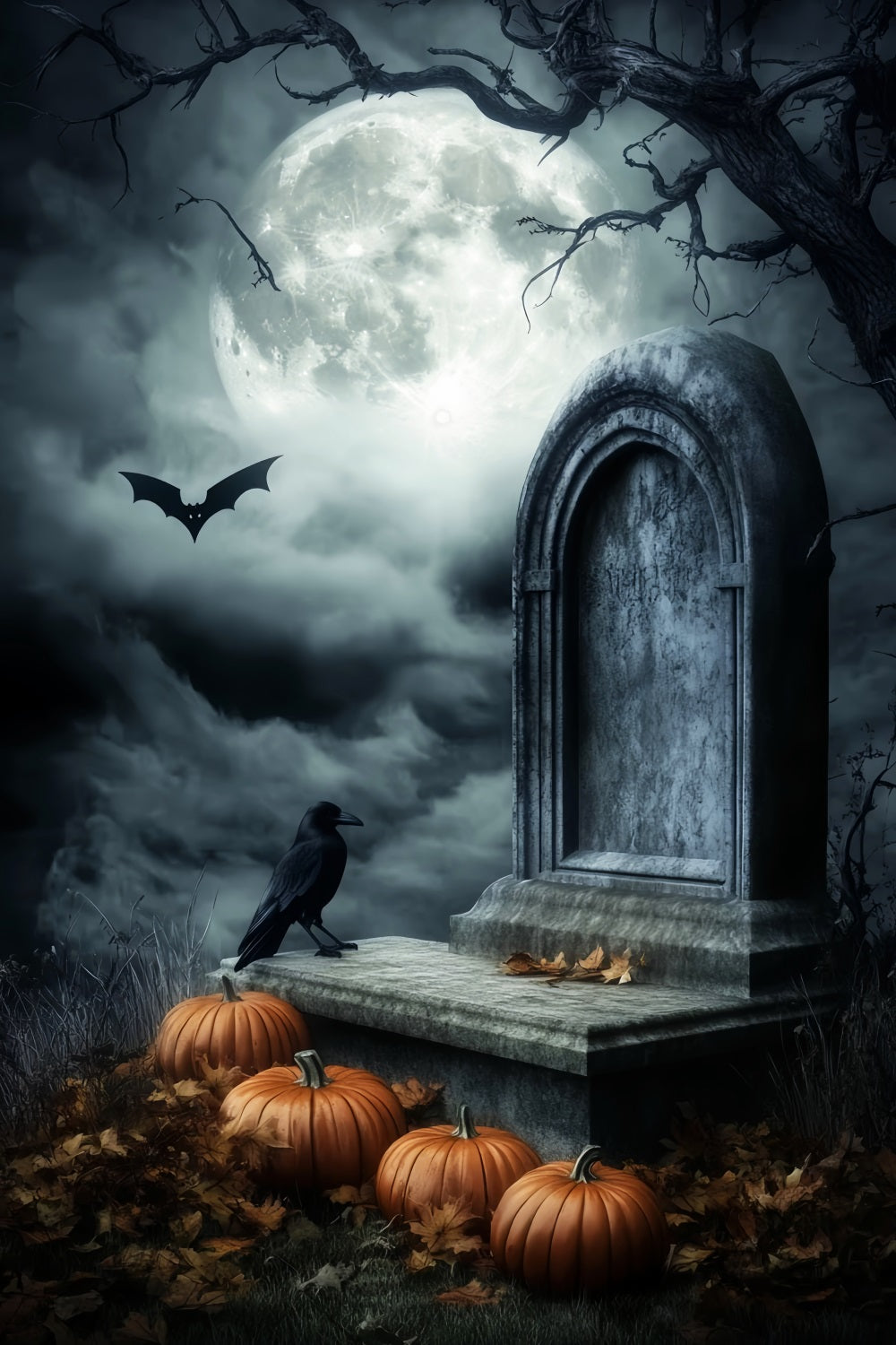 Toile De Fond Halloween Cimetière Tombe Lune Citrouilles Corbeau LXX59-156
