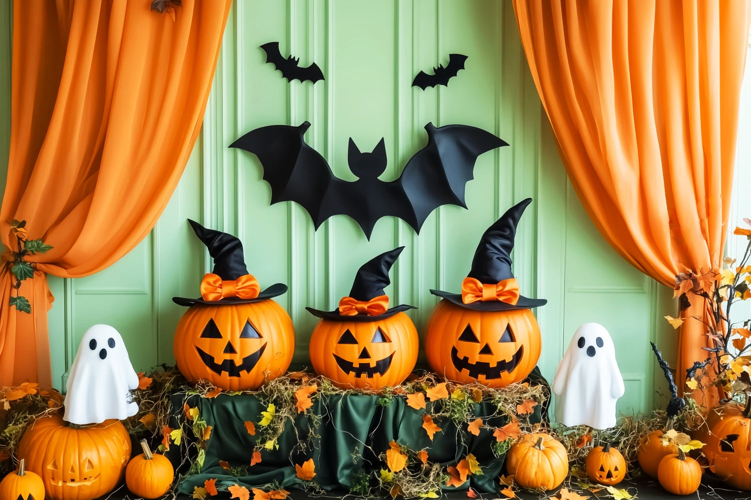 Toile De Fond Halloween Cimetière Citrouilles Fantôme Sorcière Chauves-Souris LXX59-158