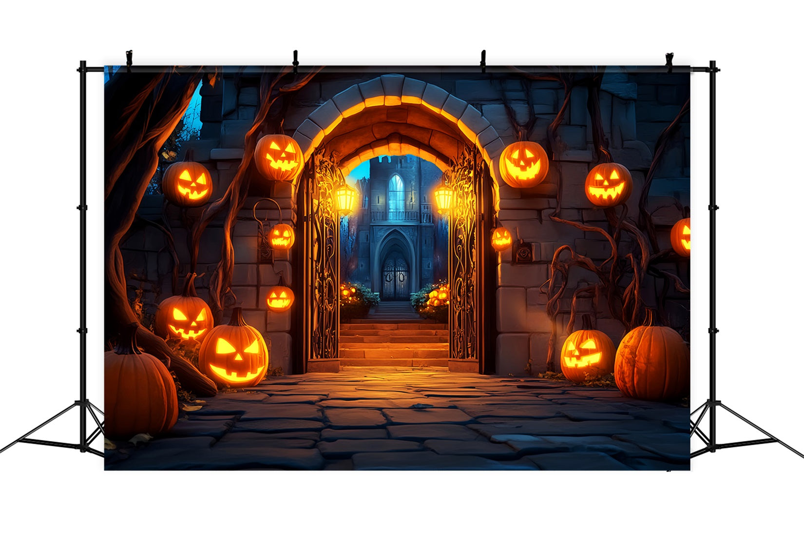 Toile De Fond Photo Halloween Cimetière Citrouilles Portail Entrée LXX59-159