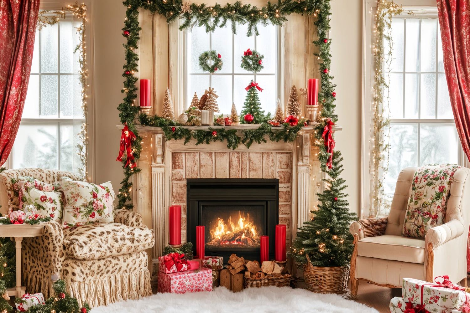 Toile de fond Noël Pays des Bonbons Cheminée Salle Chaleureuse LXX59-163
