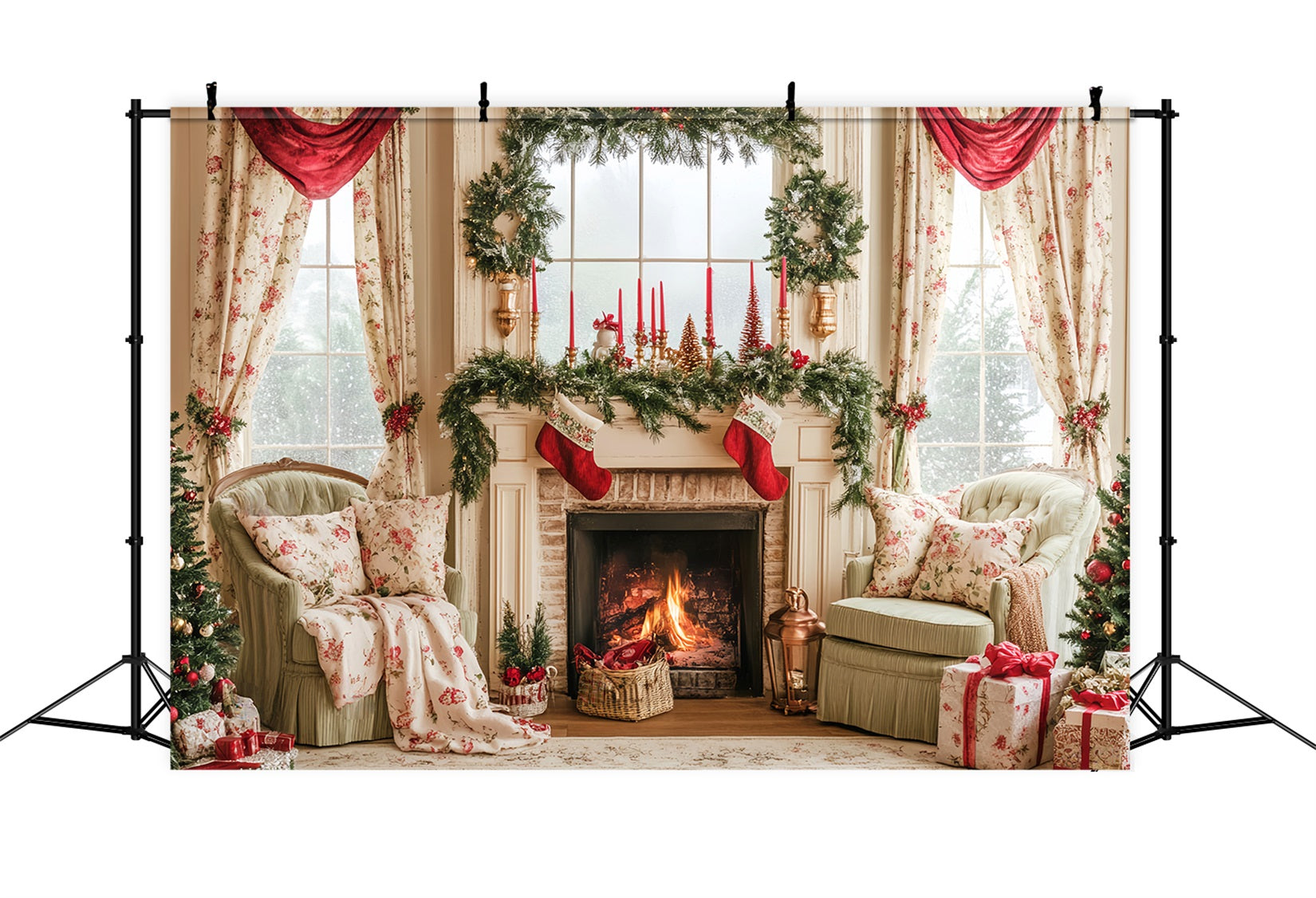 Toile de fond photo Noël Pays des Bonbons Bas de Noël Manteau de Cheminée Vintage LXX59-164