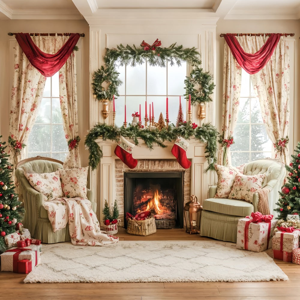 Toile de fond photo Noël Pays des Bonbons Bas de Noël Manteau de Cheminée Vintage LXX59-164