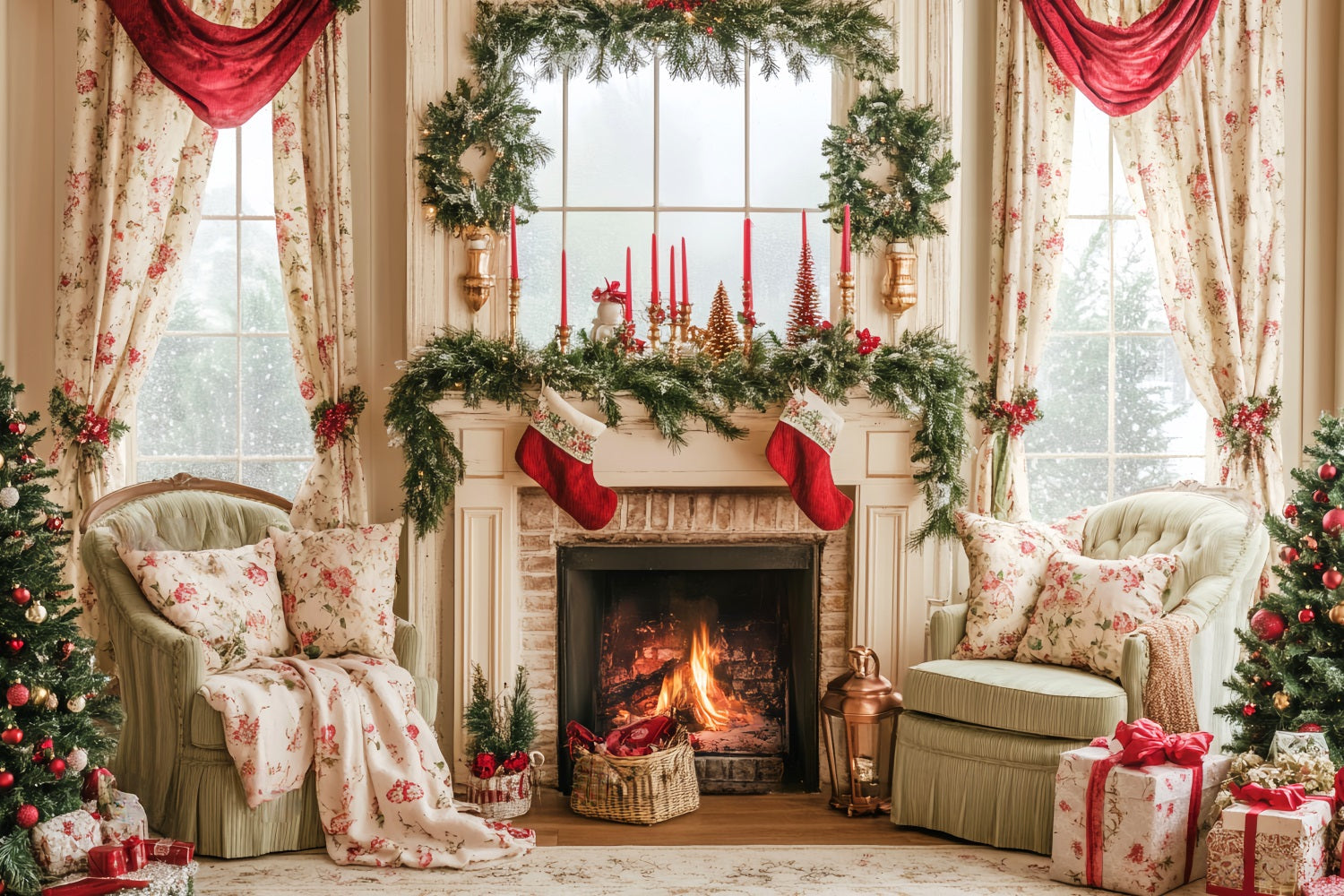 Toile de fond photo Noël Pays des Bonbons Bas de Noël Manteau de Cheminée Vintage LXX59-164