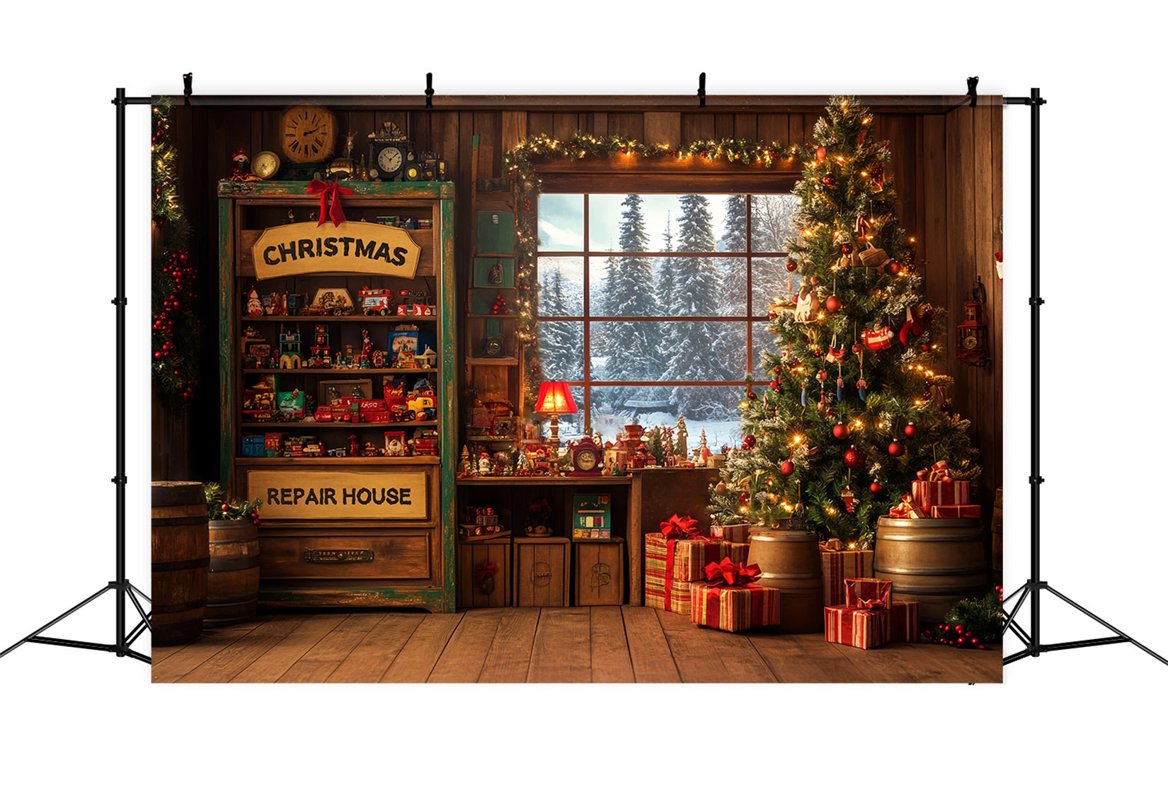 Toile de fond photo Noël Pays des Bonbons Atelier du Père Noël Entrée Rouge LXX59-165