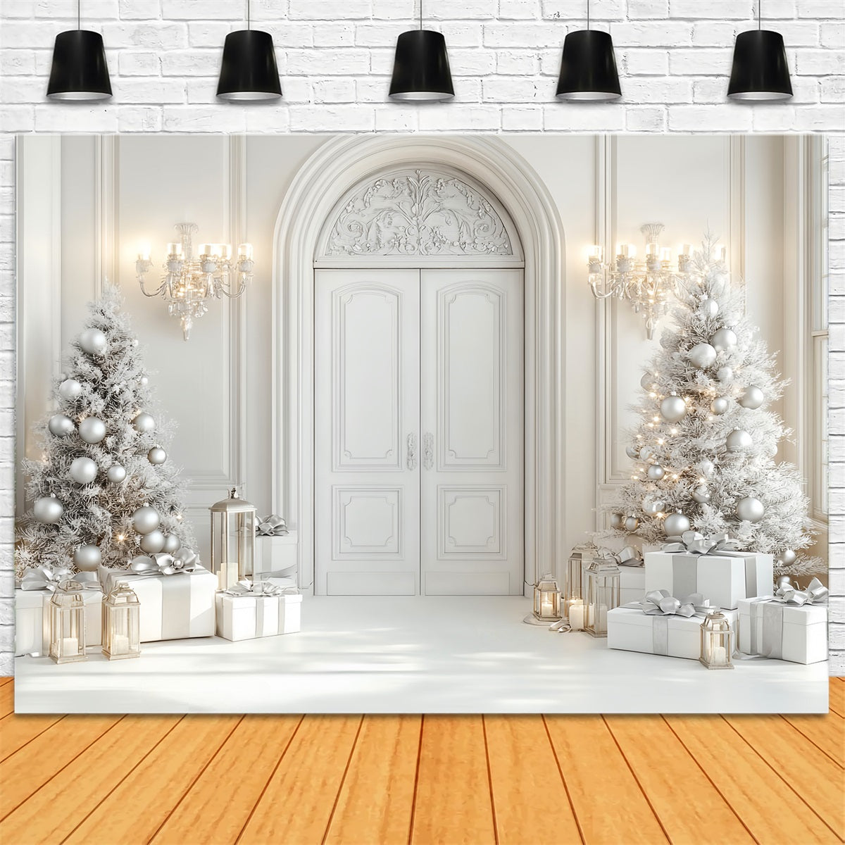 Toile de fond Noël Blanc Porte Élégante Sapins LXX59-169