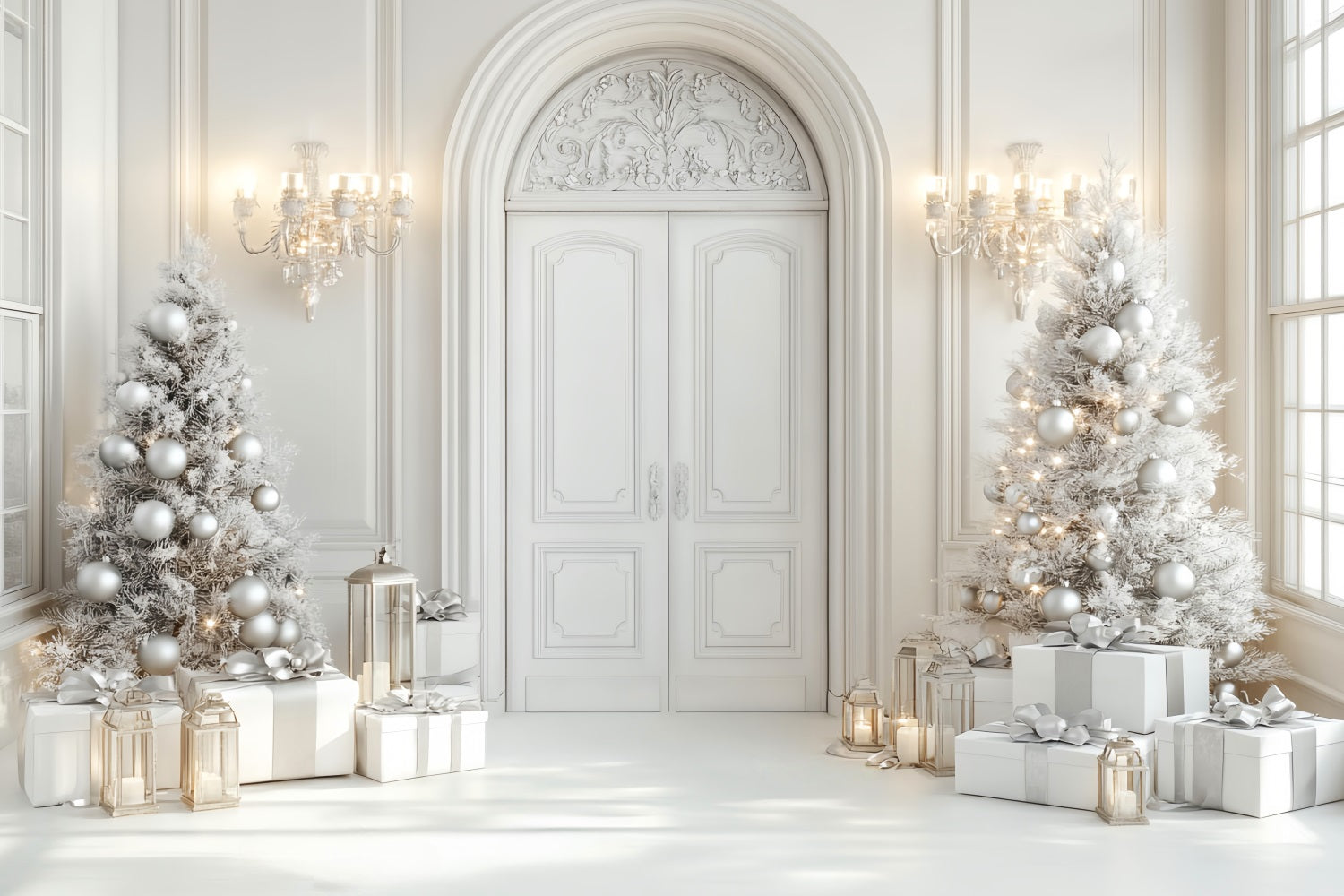 Toile de fond Noël Blanc Porte Élégante Sapins LXX59-169