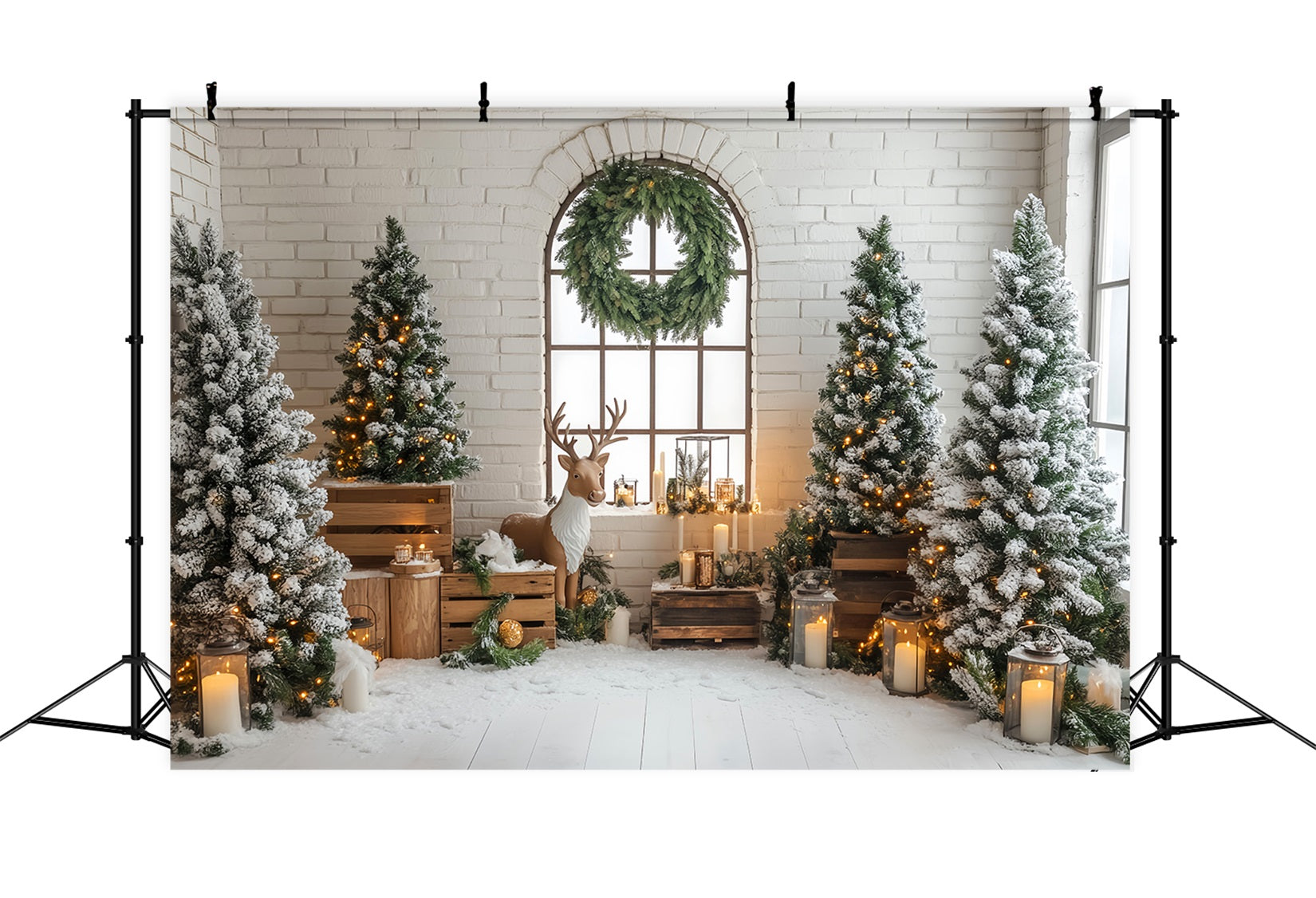 Toile de fond Noël Sapin Rustique Rennes Pins Enneigés Lanternes LXX59-170