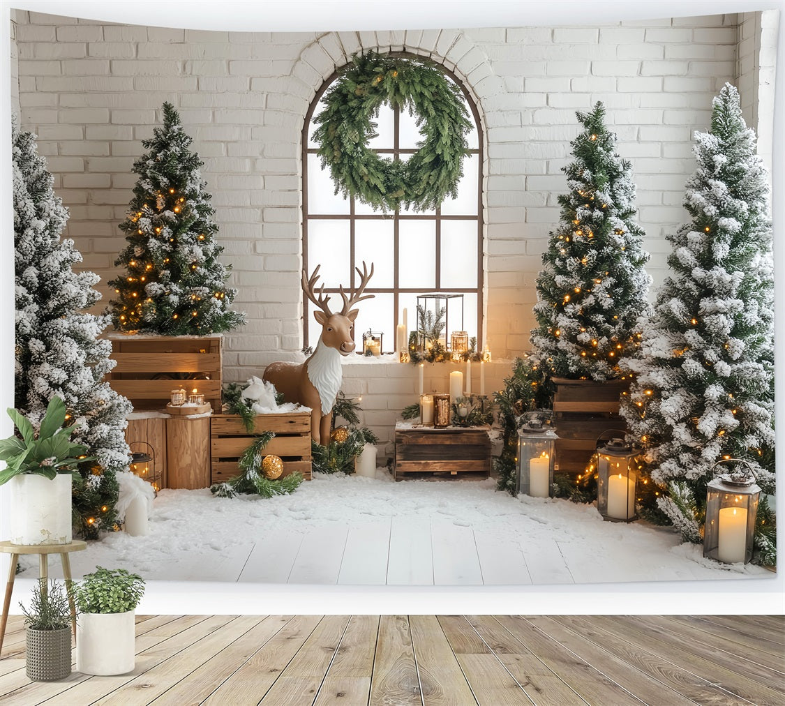Toile de fond Noël Sapin Rustique Rennes Pins Enneigés Lanternes LXX59-170