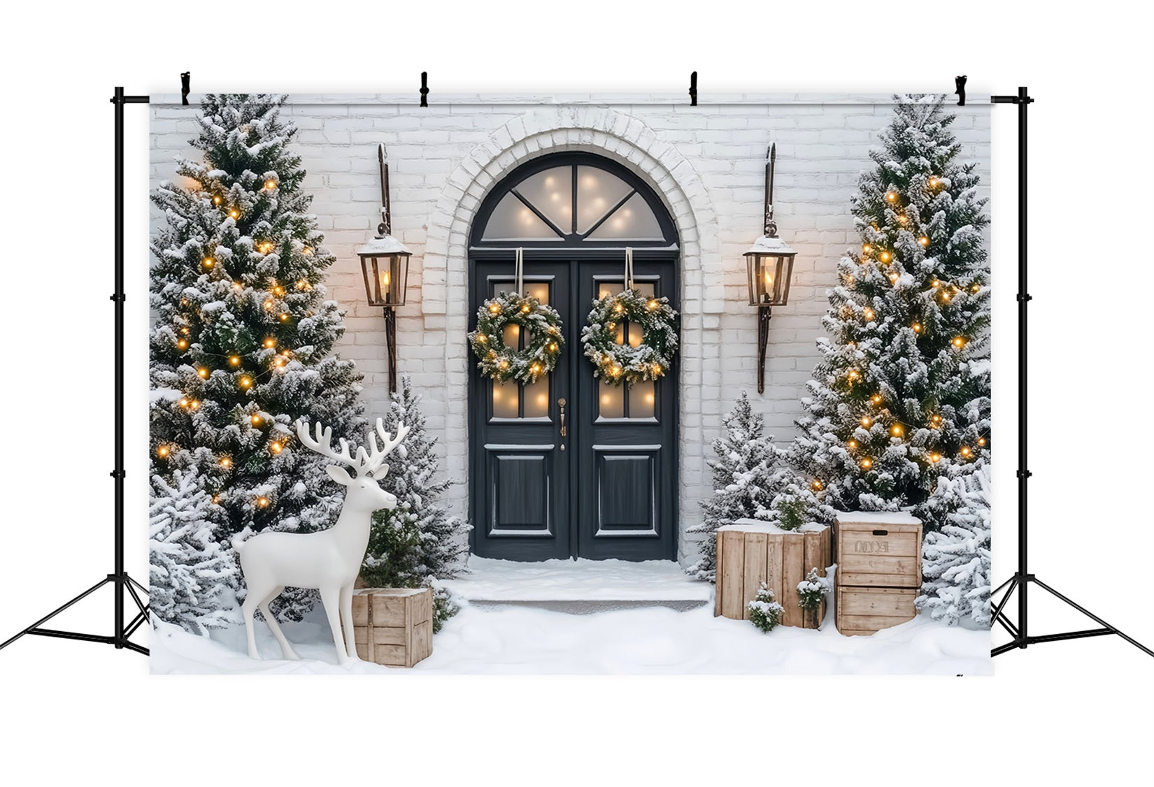 Toile de fond Noël Sapin Couronne Hivernale Pins Givrés Porte LXX59-171