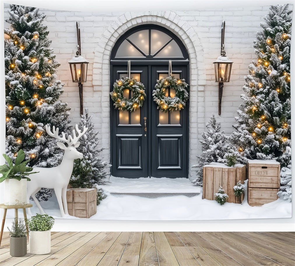 Toile de fond Noël Sapin Couronne Hivernale Pins Givrés Porte LXX59-171