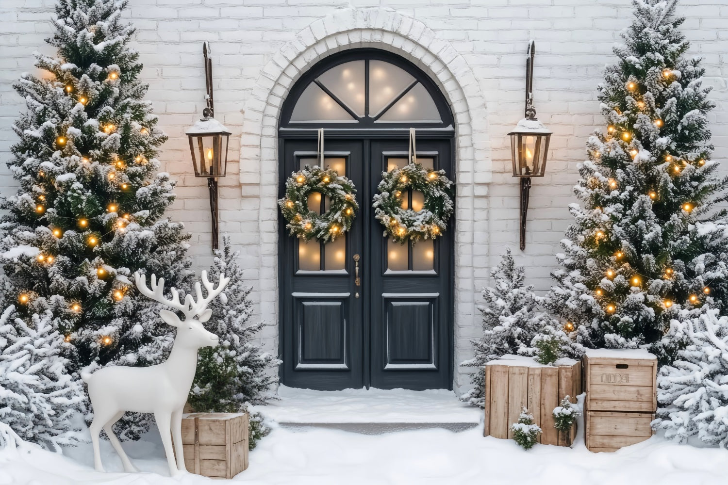 Toile de fond Noël Sapin Couronne Hivernale Pins Givrés Porte LXX59-171