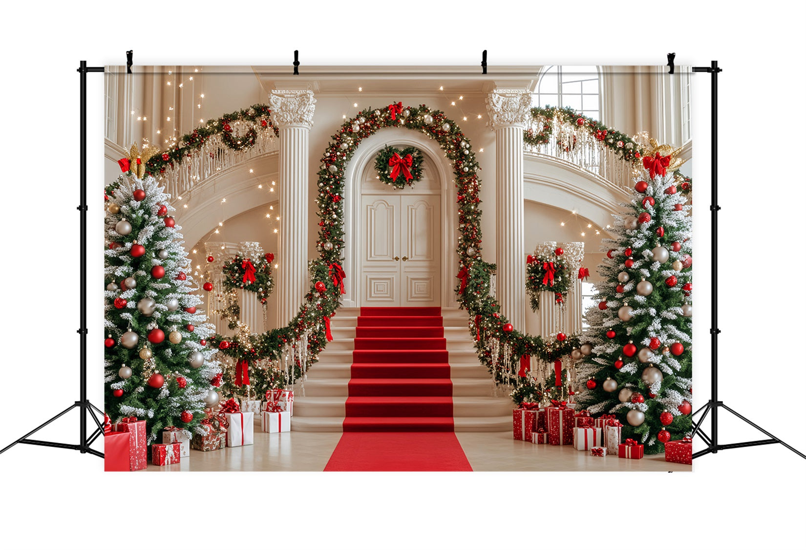Toile de fond photo Noël Sapin Escalier Guirlande Boules Rouges LXX59-172