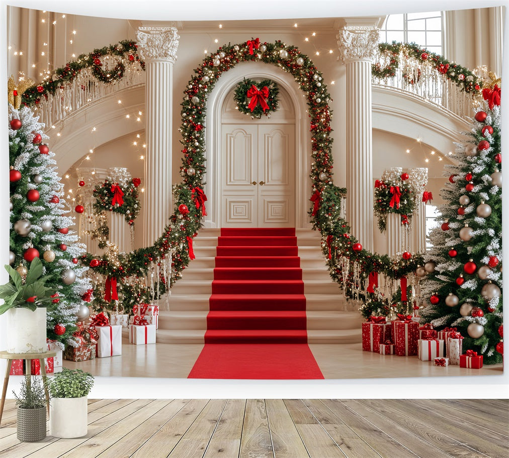 Toile de fond photo Noël Sapin Escalier Guirlande Boules Rouges LXX59-172