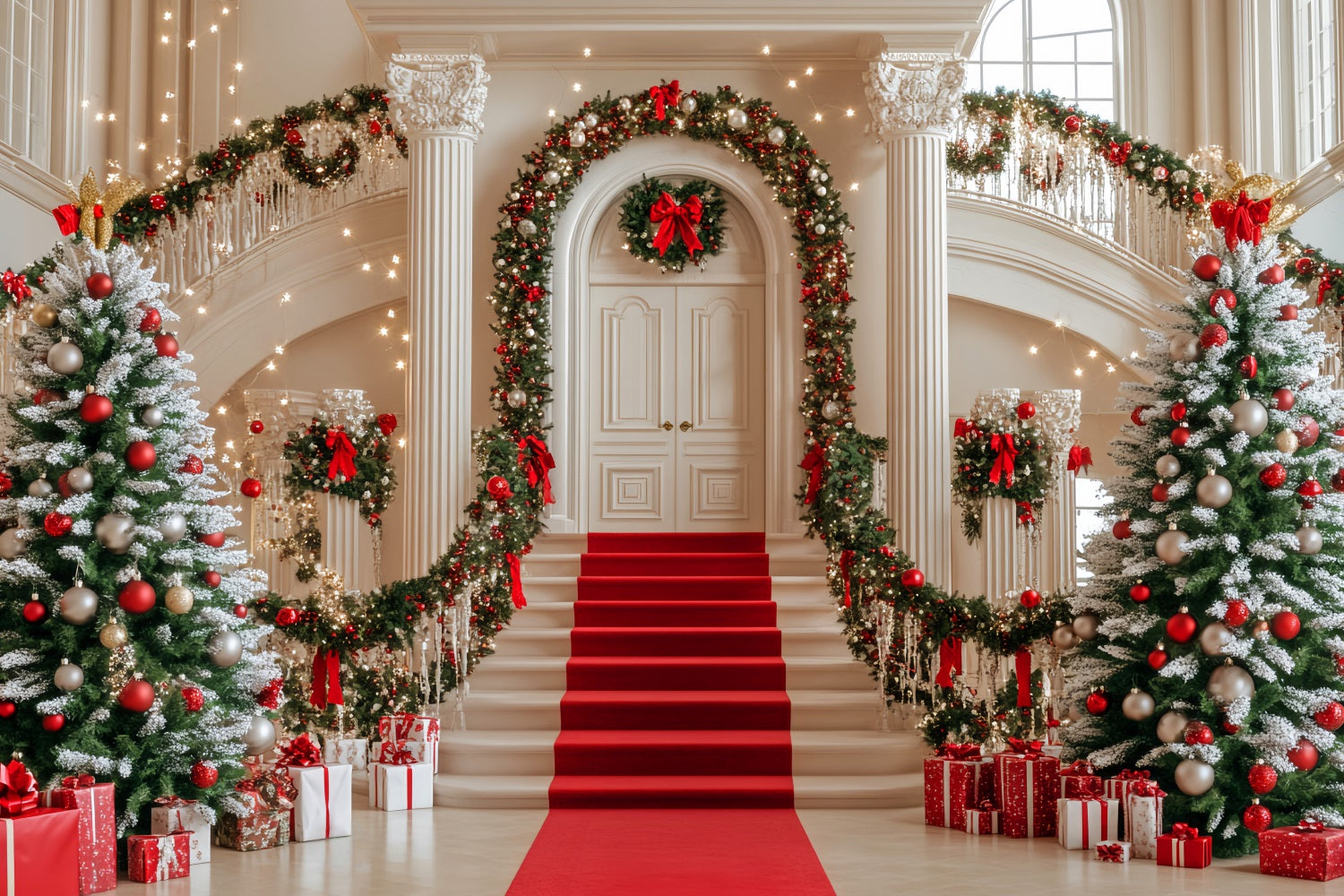 Toile de fond photo Noël Sapin Escalier Guirlande Boules Rouges LXX59-172