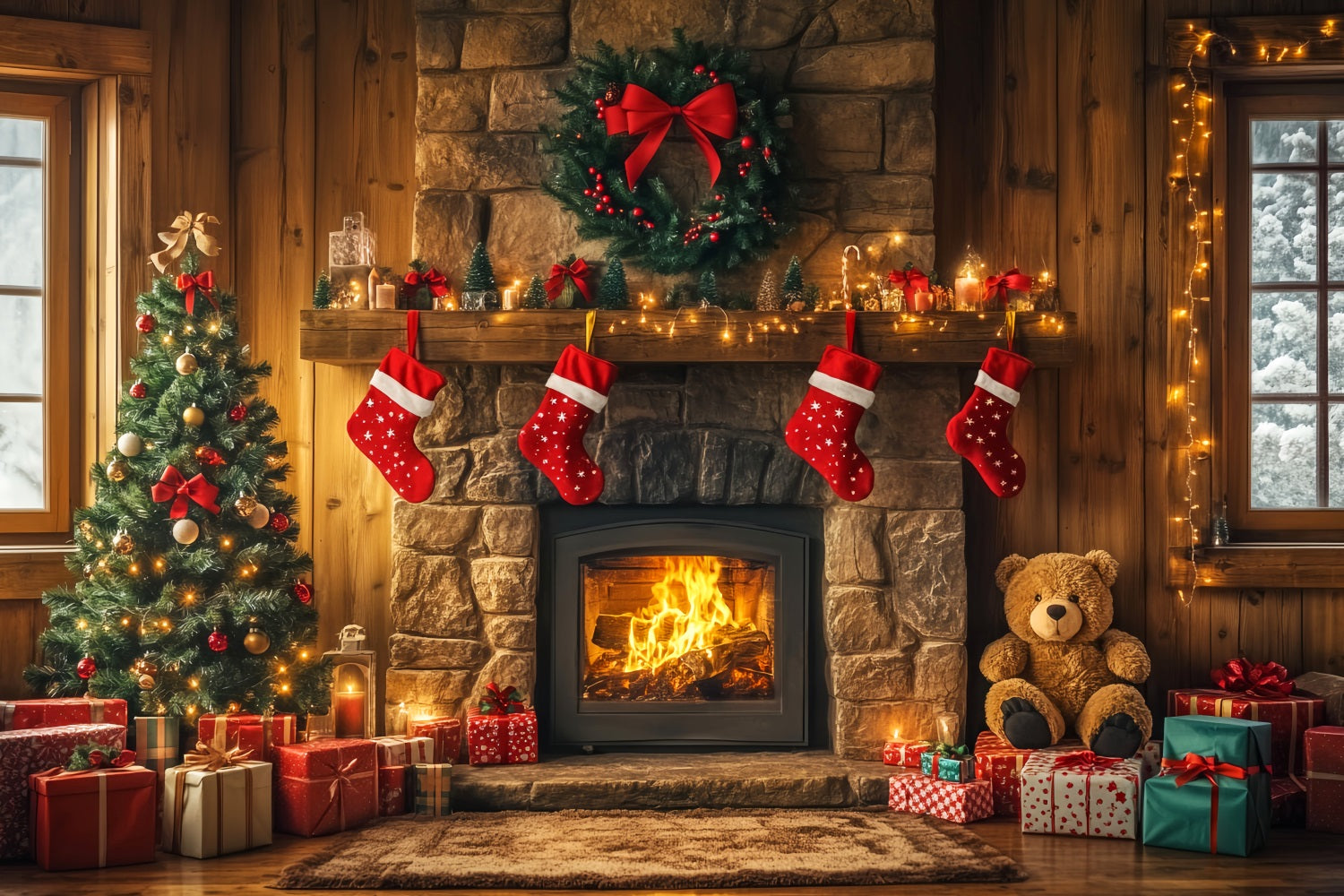 Toile de fond photo Noël Cheminée Bas Guirlande LXX59-173