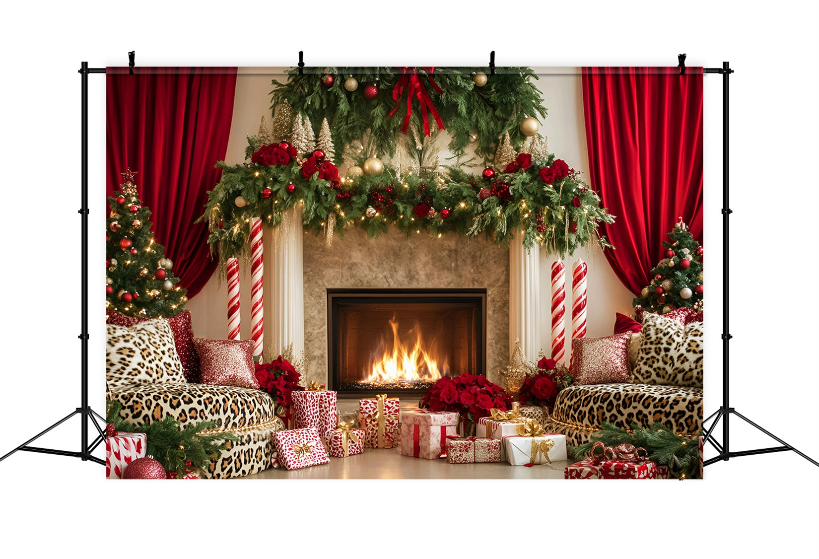 Toile de fond Noël Cheminée Rideau Rouge Élégant LXX59-174