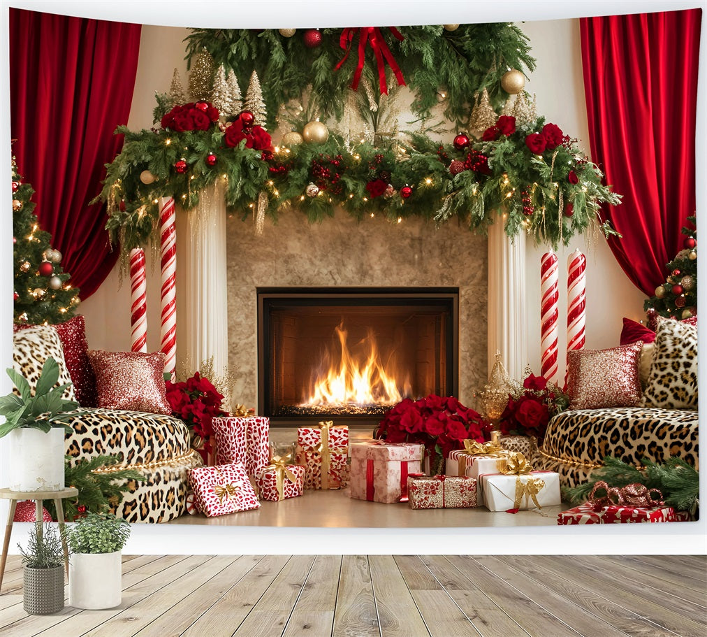 Toile de fond Noël Cheminée Rideau Rouge Élégant LXX59-174