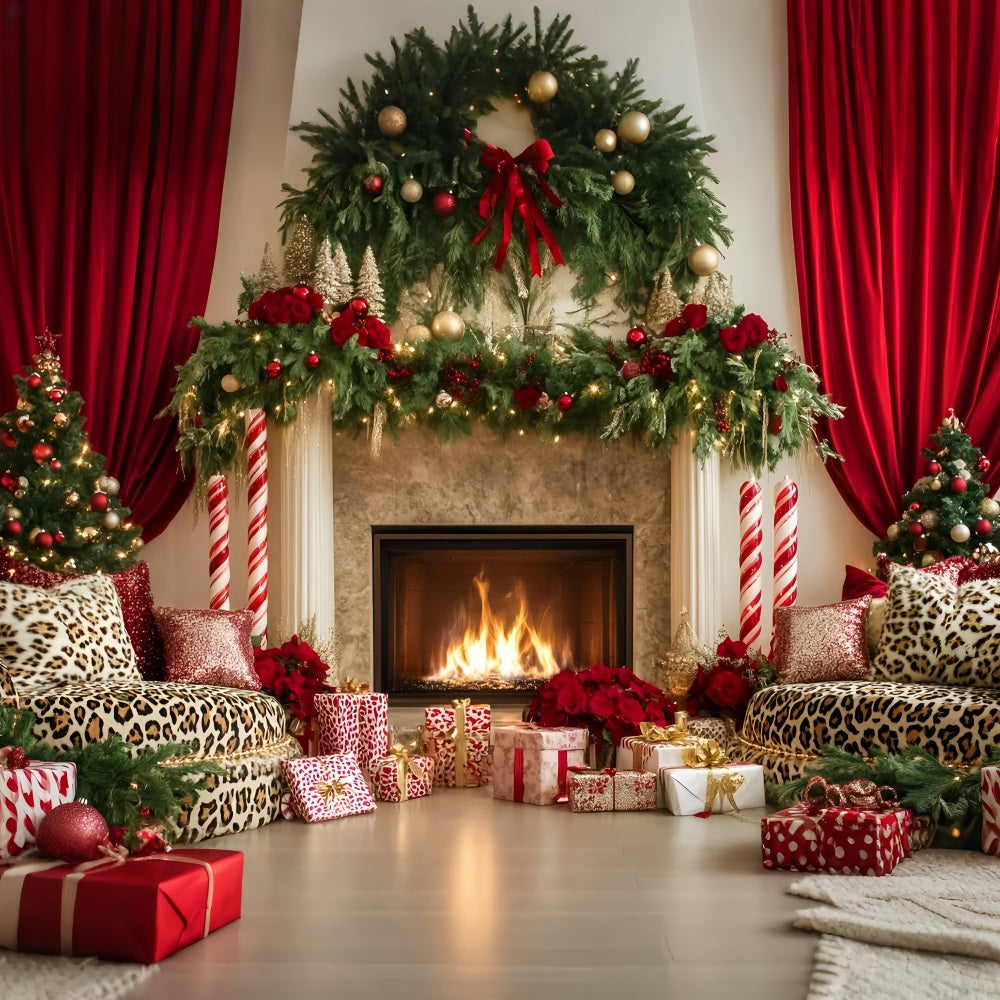 Toile de fond Noël Cheminée Rideau Rouge Élégant LXX59-174