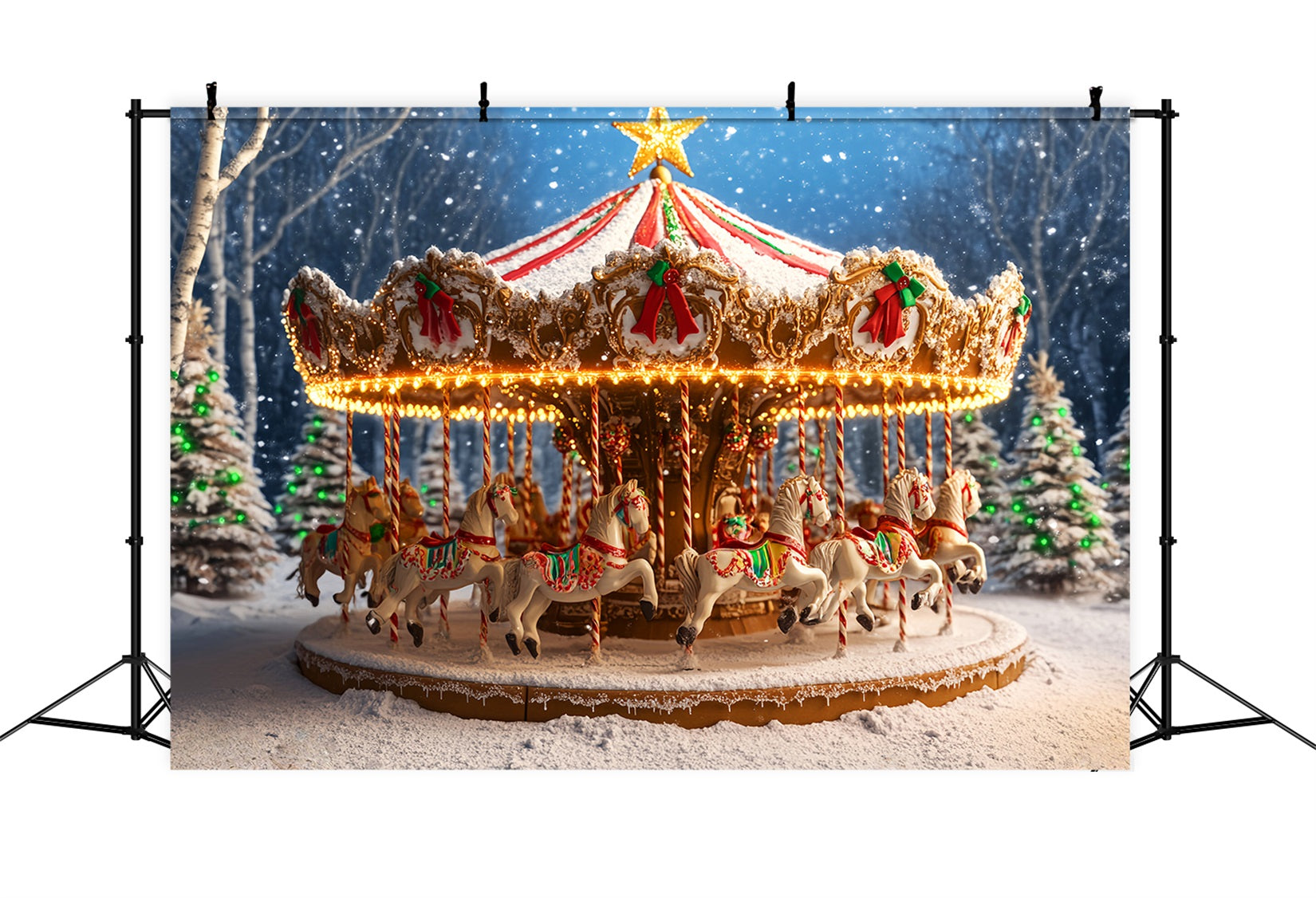 Toile de fond Noël Pain d’Épices Carrousel Enneigé Chevaux LXX59-177