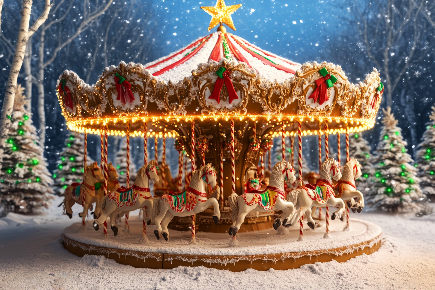 Toile de fond Noël Pain d’Épices Carrousel Enneigé Chevaux LXX59-177