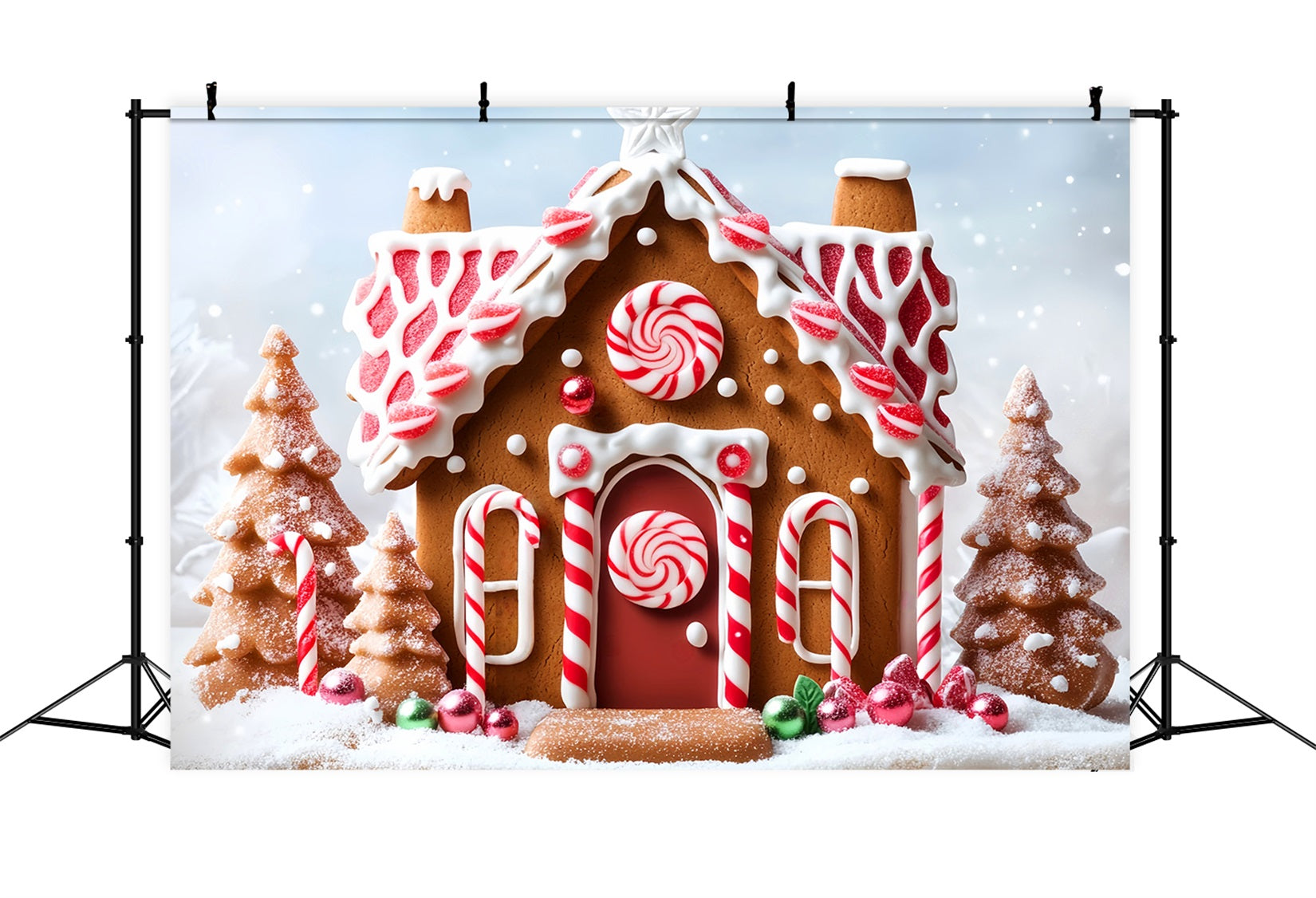 Toile de fond Noël Maison Pain d’Épices Neige Bonbons Menthe Poivrée LXX59-178