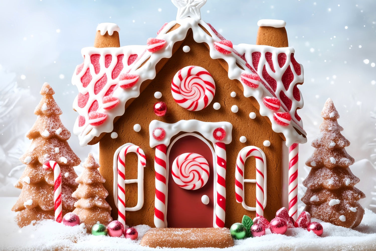 Toile de fond Noël Maison Pain d’Épices Neige Bonbons Menthe Poivrée LXX59-178