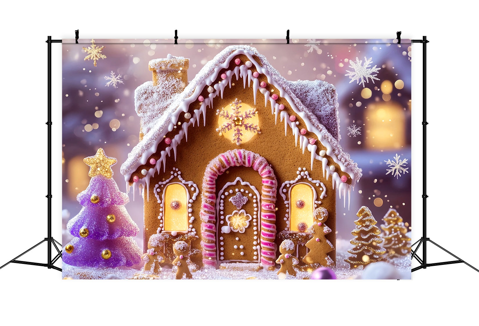 Toile de fond Noël Maison Pain d’Épices Cottage Étincelant Lumières LXX59-179