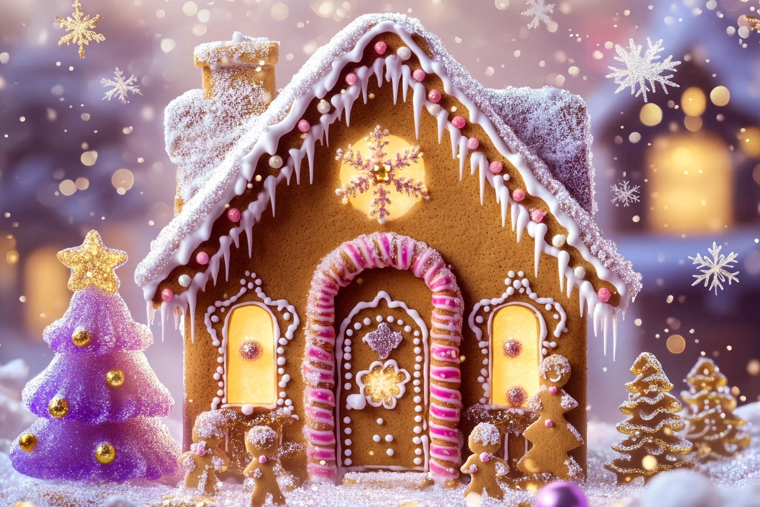 Toile de fond Noël Maison Pain d’Épices Cottage Étincelant Lumières LXX59-179