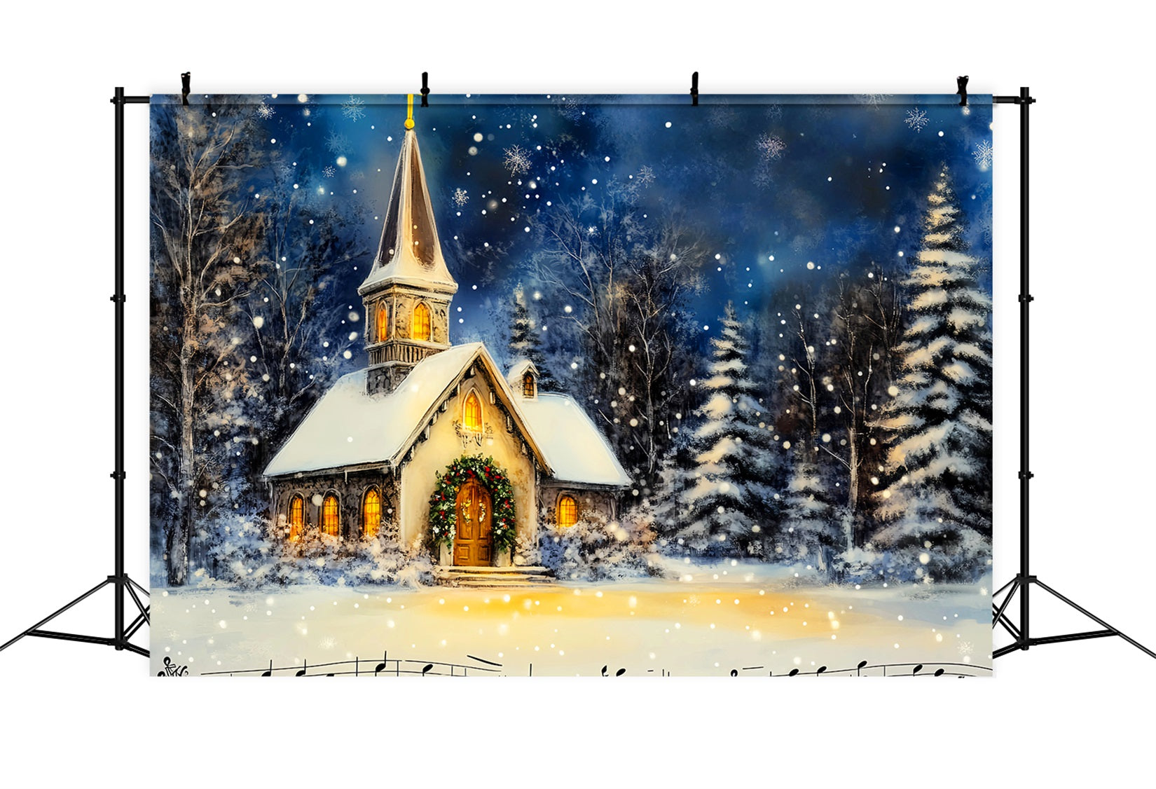 Toile de fond photo Noël Église Nuit Hivernale Enneigée LXX59-184