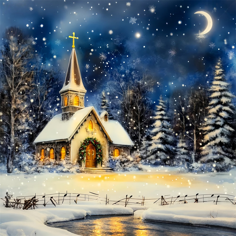 Toile de fond photo Noël Église Nuit Hivernale Enneigée LXX59-184