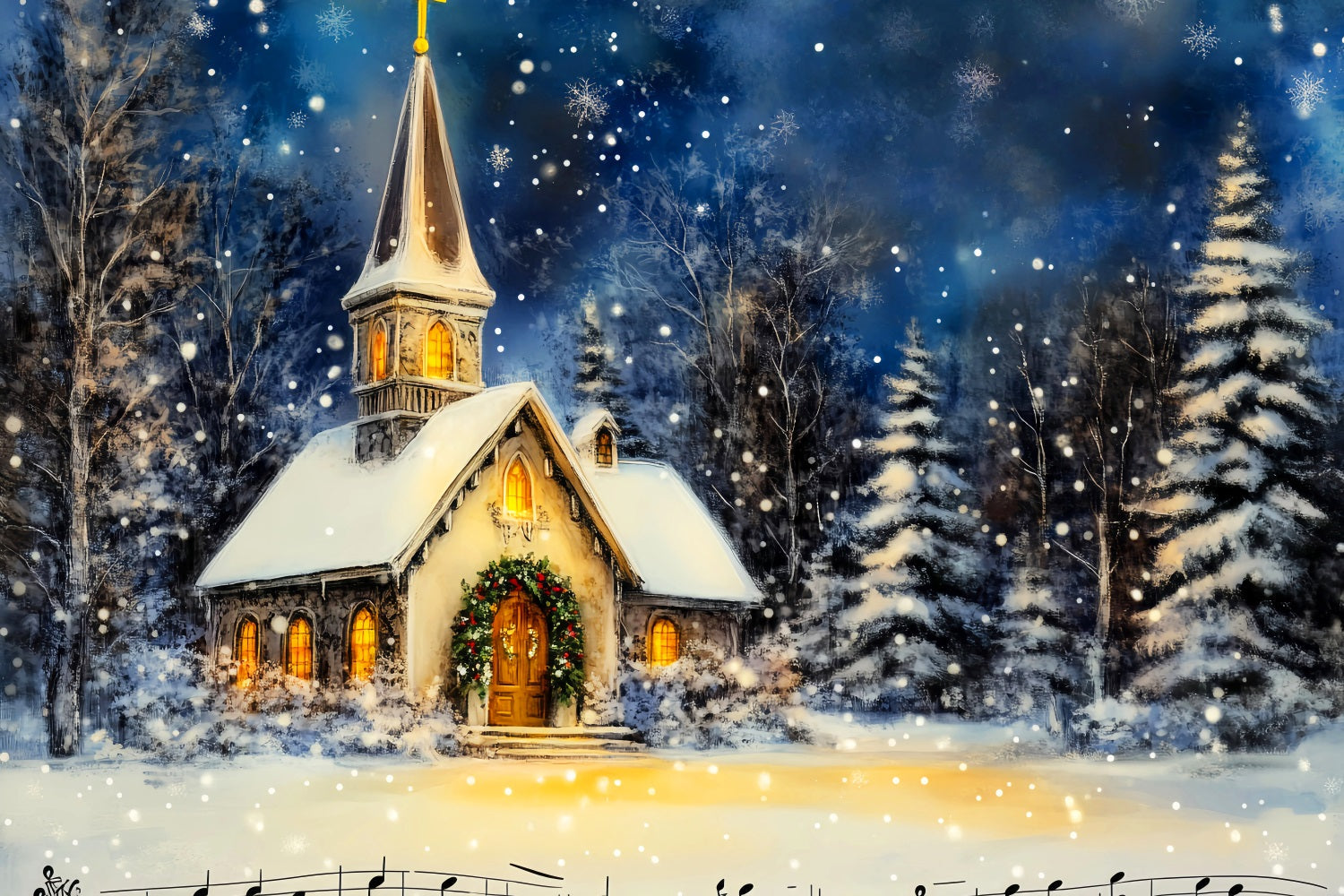 Toile de fond photo Noël Église Nuit Hivernale Enneigée LXX59-184