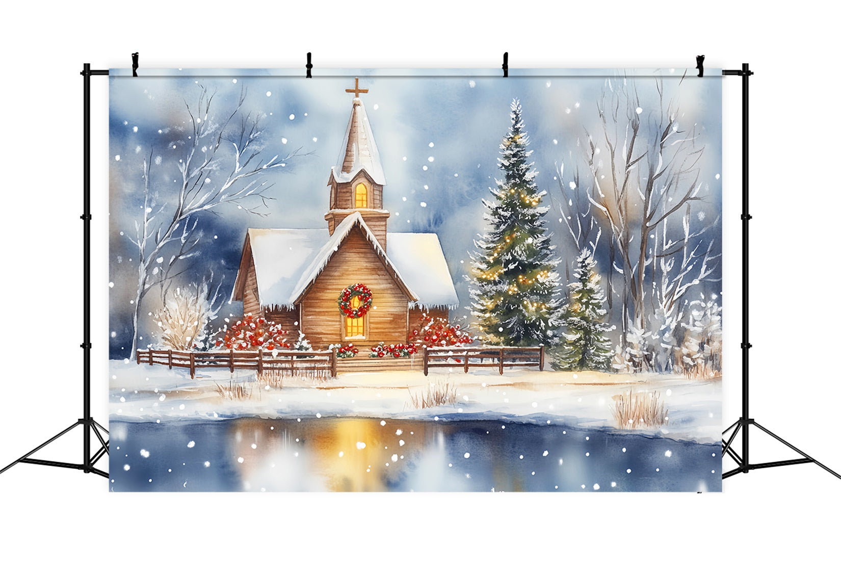 Toile de fond Noël Église Chapelle Enneigée Reflet au Bord du Lac LXX59-185