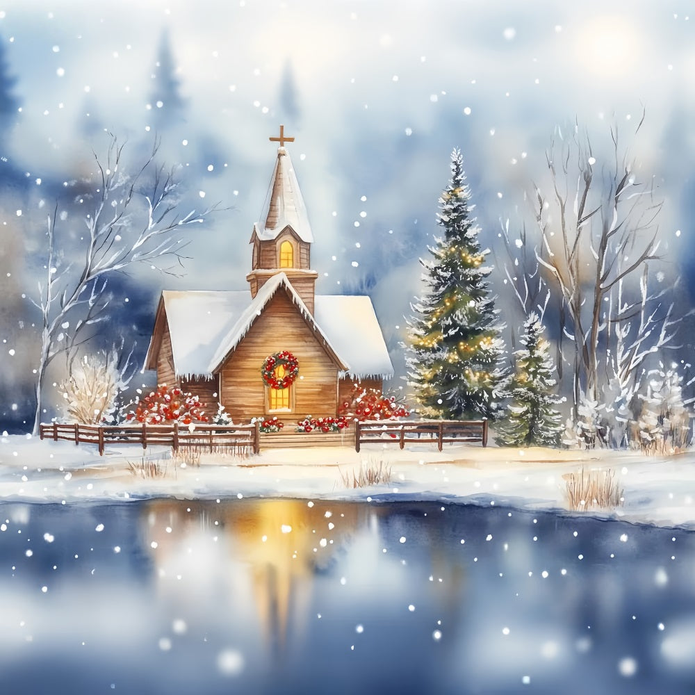 Toile de fond Noël Église Chapelle Enneigée Reflet au Bord du Lac LXX59-185