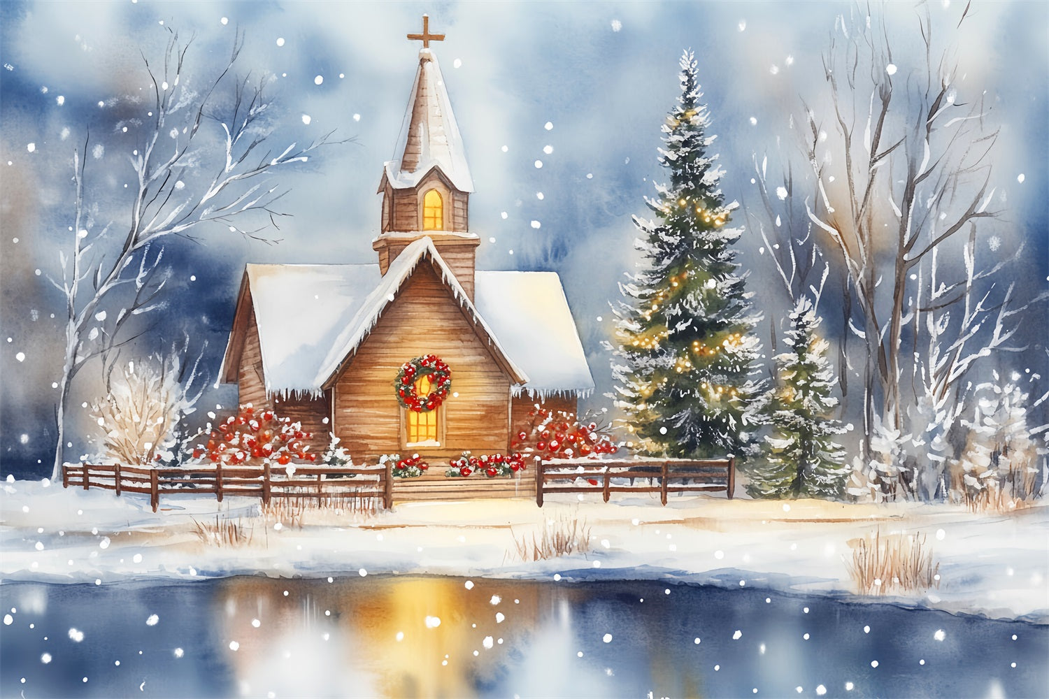 Toile de fond Noël Église Chapelle Enneigée Reflet au Bord du Lac LXX59-185