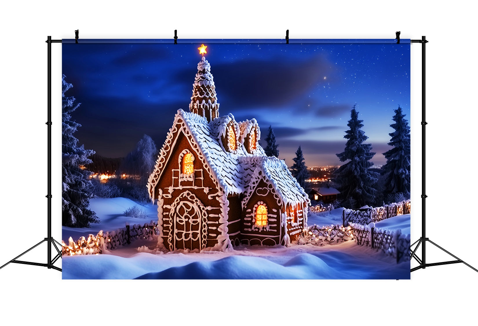Toile de fond Noël Église Maison Pain d’Épices Nuit Étoilée LXX59-186