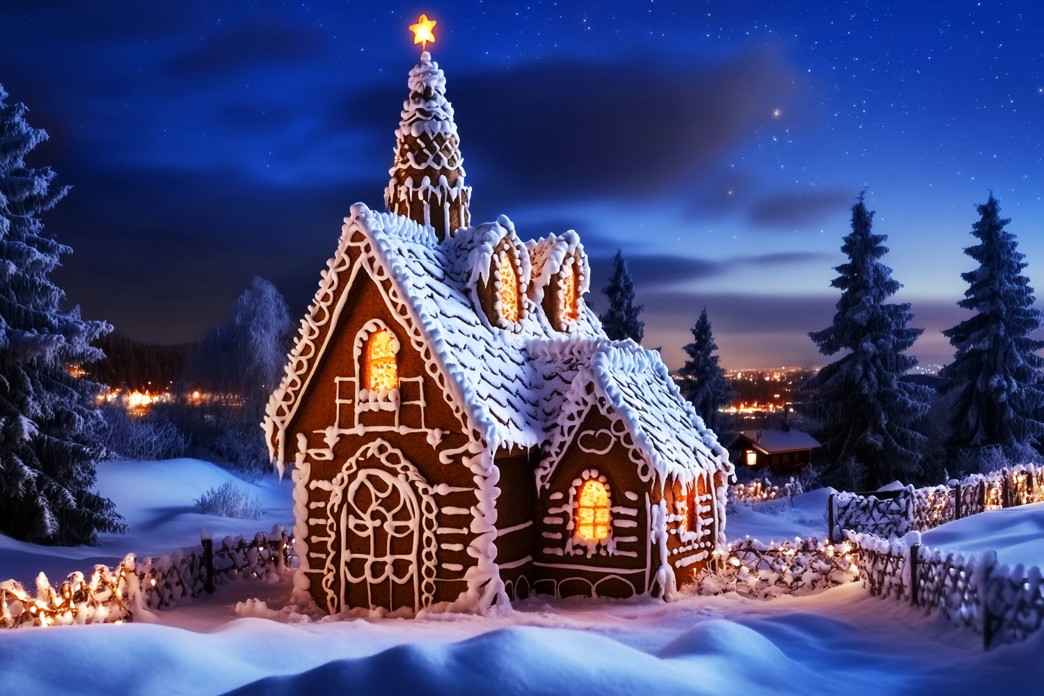 Toile de fond Noël Église Maison Pain d’Épices Nuit Étoilée LXX59-186