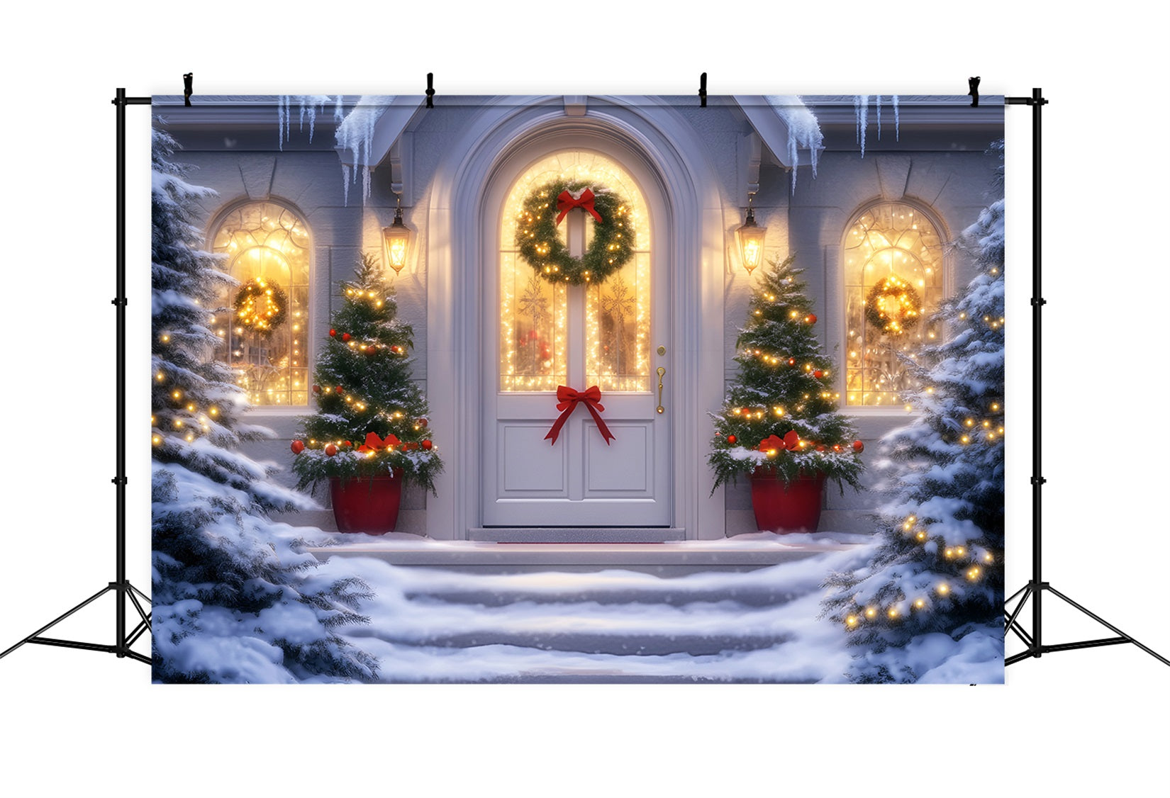 Toile de fond Noël Église Entrée Festive Couronne Lumières LXX59-187