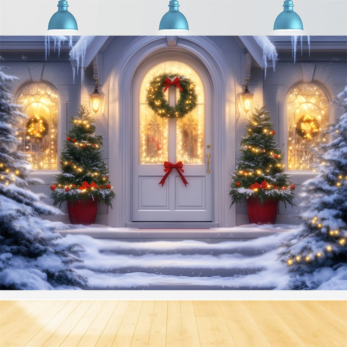 Toile de fond Noël Église Entrée Festive Couronne Lumières LXX59-187