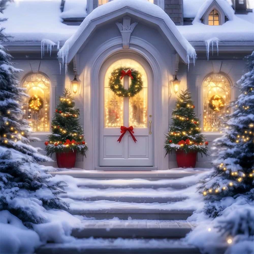 Toile de fond Noël Église Entrée Festive Couronne Lumières LXX59-187