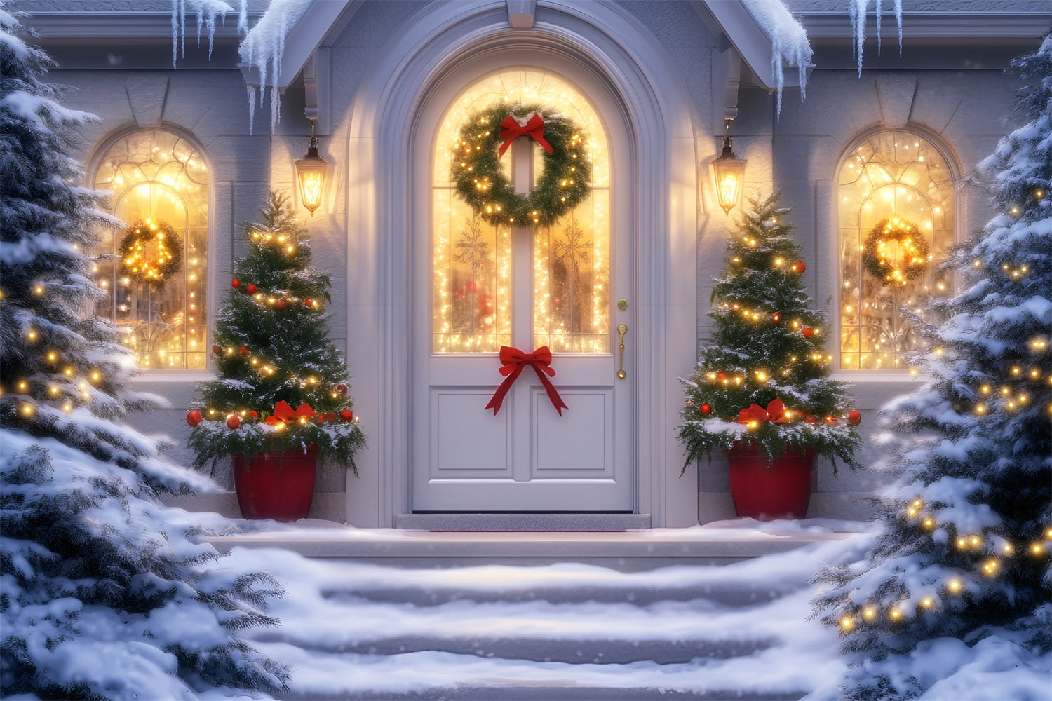 Toile de fond Noël Église Entrée Festive Couronne Lumières LXX59-187